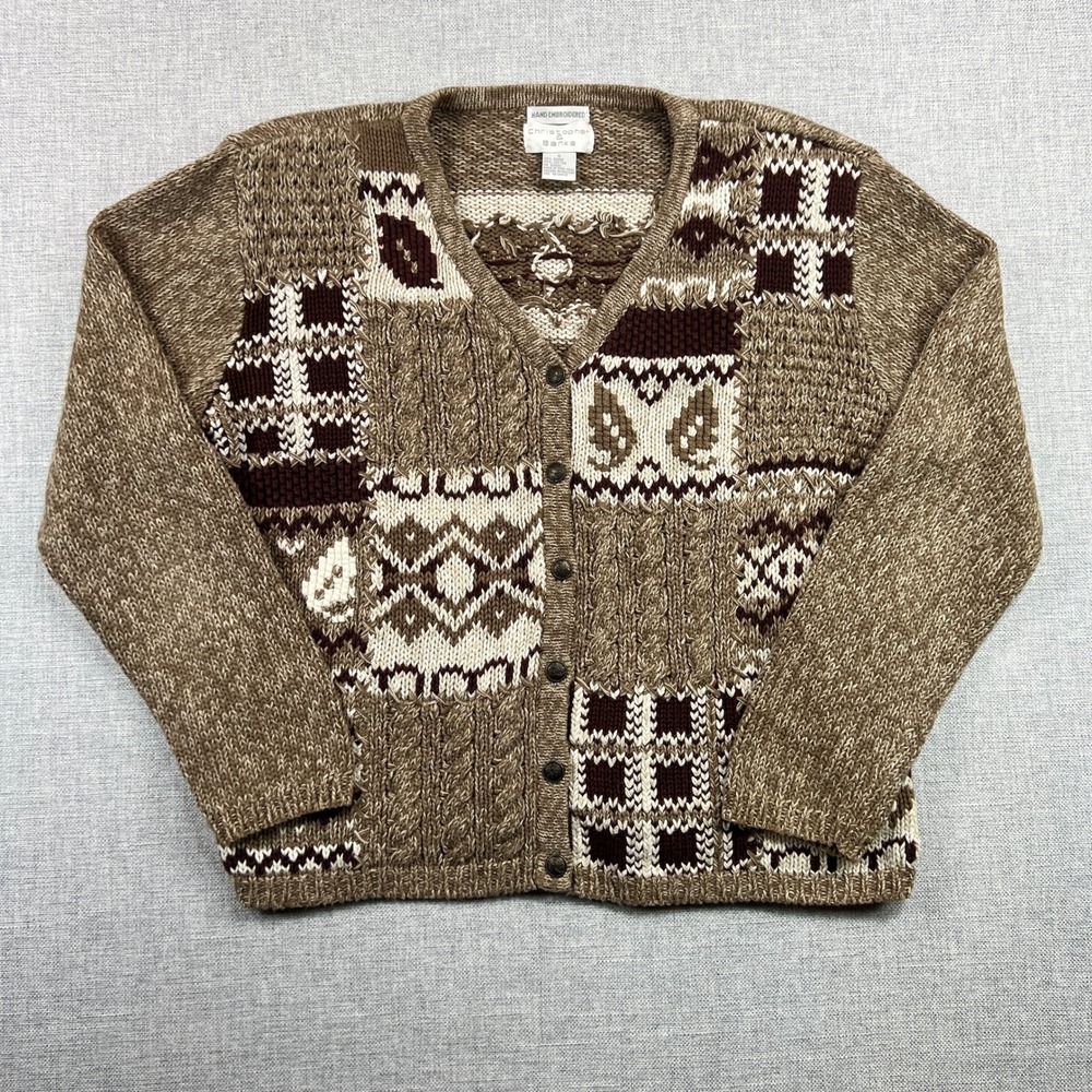 VTG Christopher Banks Hand Embroidered Cardigan Sweater Small Brown Patchwork